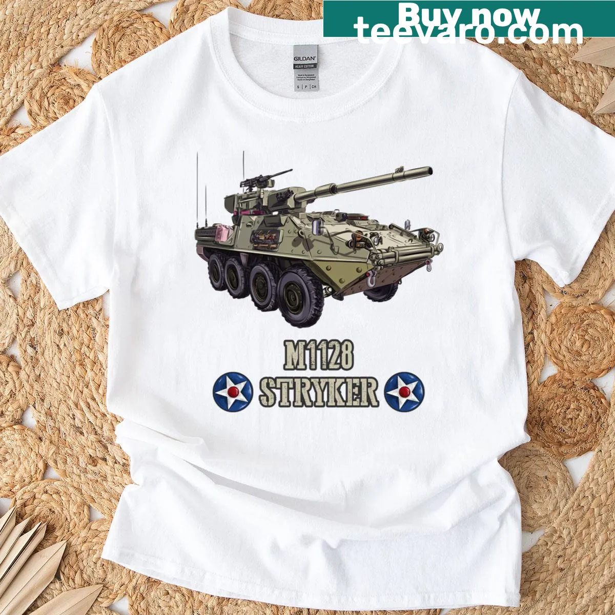Illustration of M1128 Stryker armored vehicle on a t-shirt — on a men's t-shirt