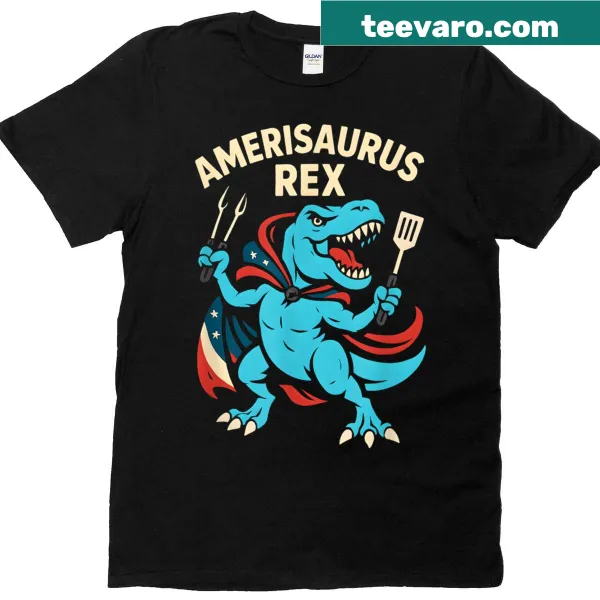 Fun T-shirt featuring a T-rex grilling for July 4th celebrations