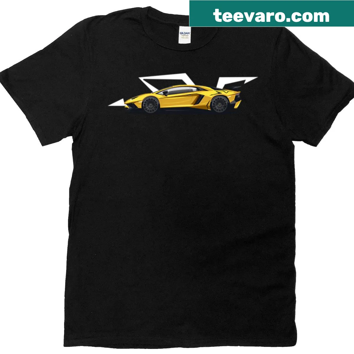 T-shirt featuring Lamborghini Aventador SV emblem — on a men's t-shirt