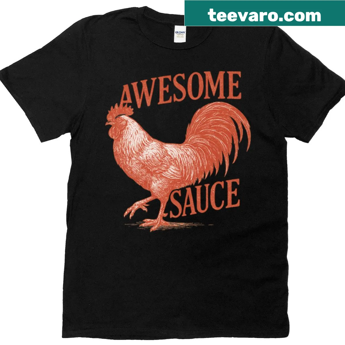 Oversized T-shirt with 'Awesome Sauce' and rooster graphic — on a men's t-shirt