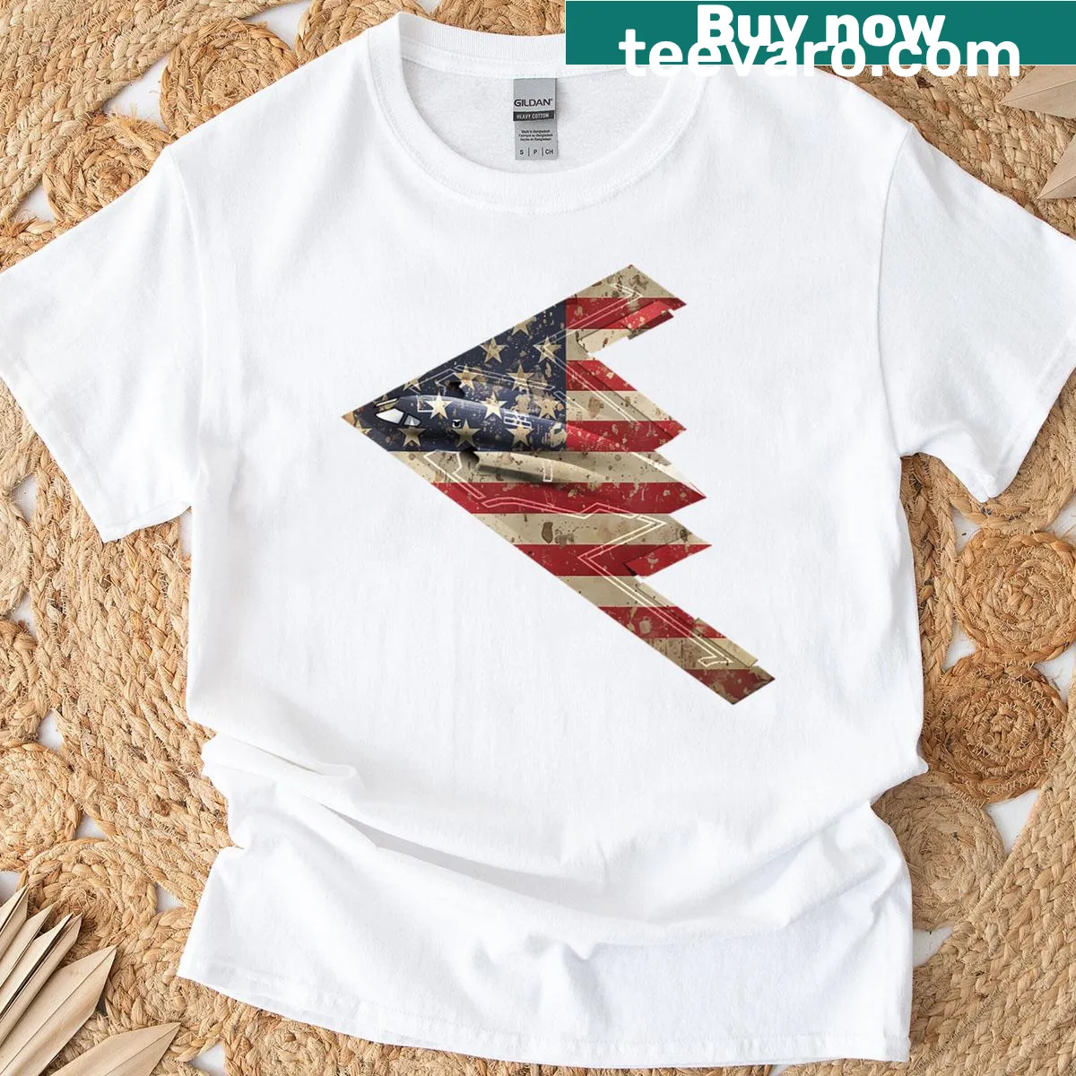 B-2 Bomber schematic T-shirt with American flag design — on a men's t-shirt