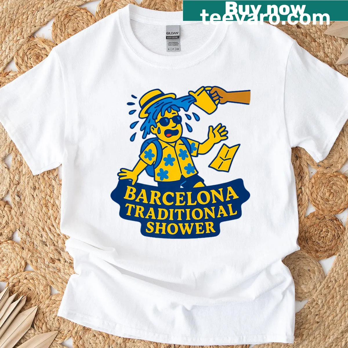 Funny Barcelona tourist humor t-shirt with hand-lettered design — on a men's t-shirt