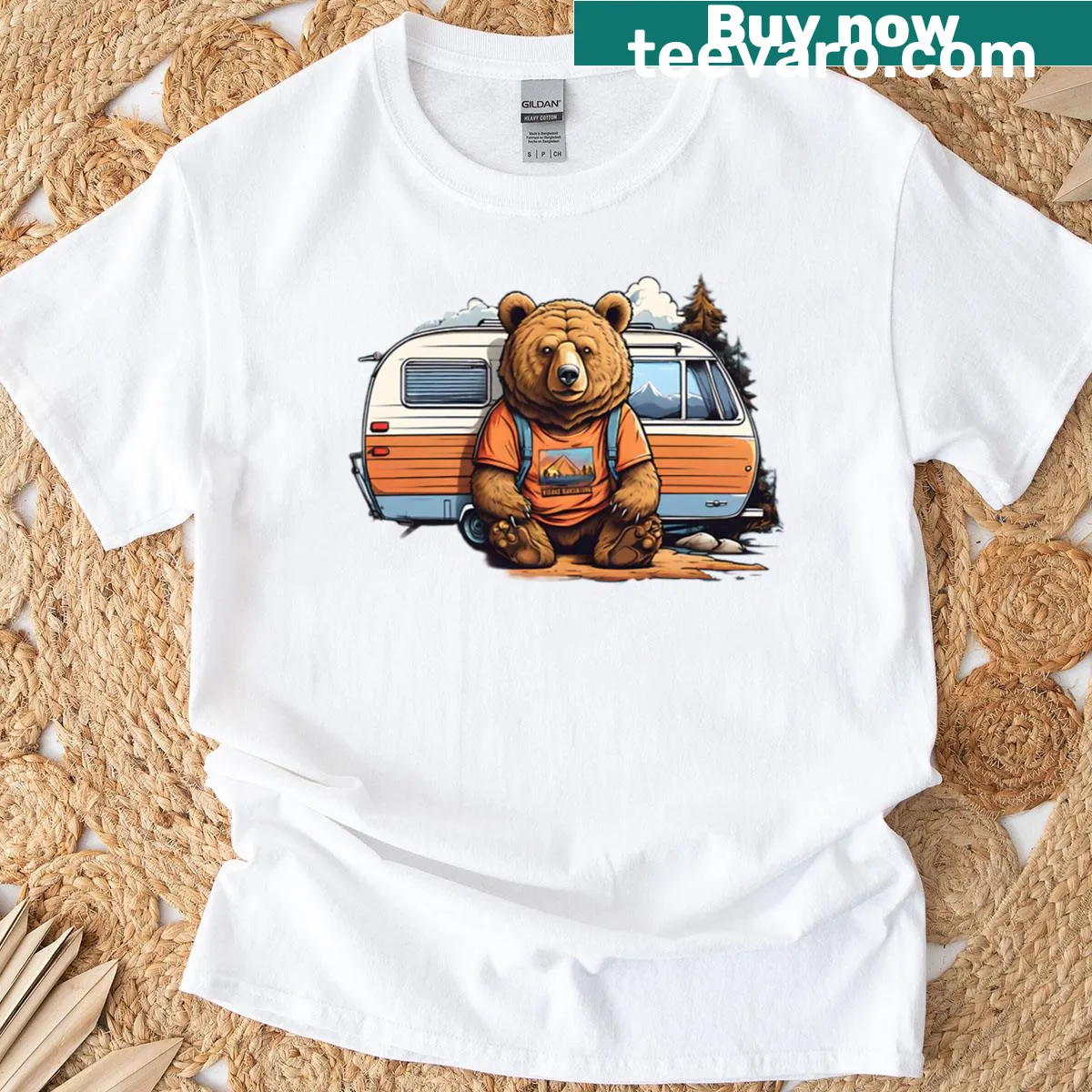 T-shirt with an illustration of a bear in front of a camper — on a men's t-shirt