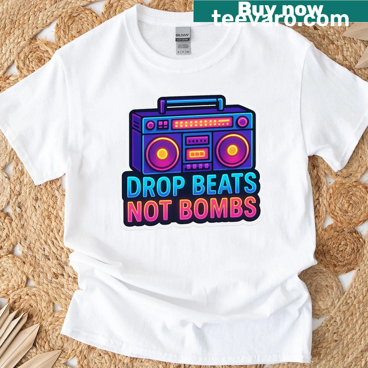 T-shirt featuring the phrase 'Beats Not Bombs' in bold typography — on a men's t-shirt