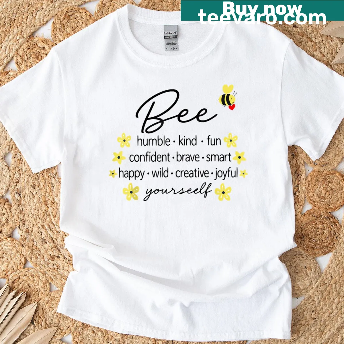 Illustrated bumblebee T-shirt promoting positivity and kindness — on a men's t-shirt