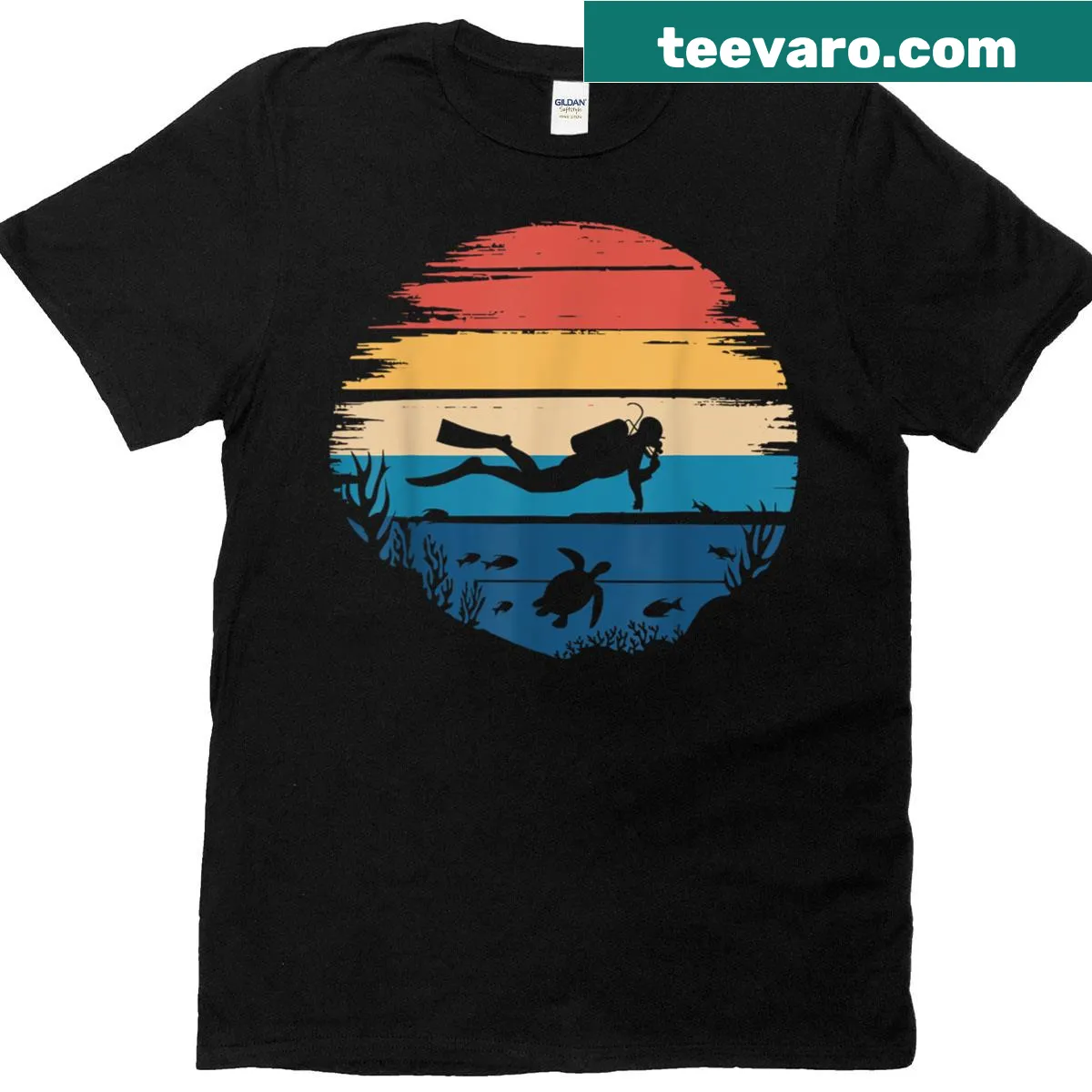 Artistic scuba diving t-shirt featuring underwater illustration — on a men's t-shirt