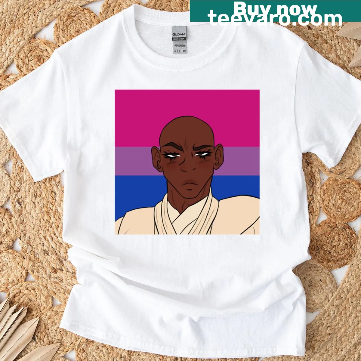 Illustrated Mace Windu t-shirt celebrating bisexual pride — on a men's t-shirt