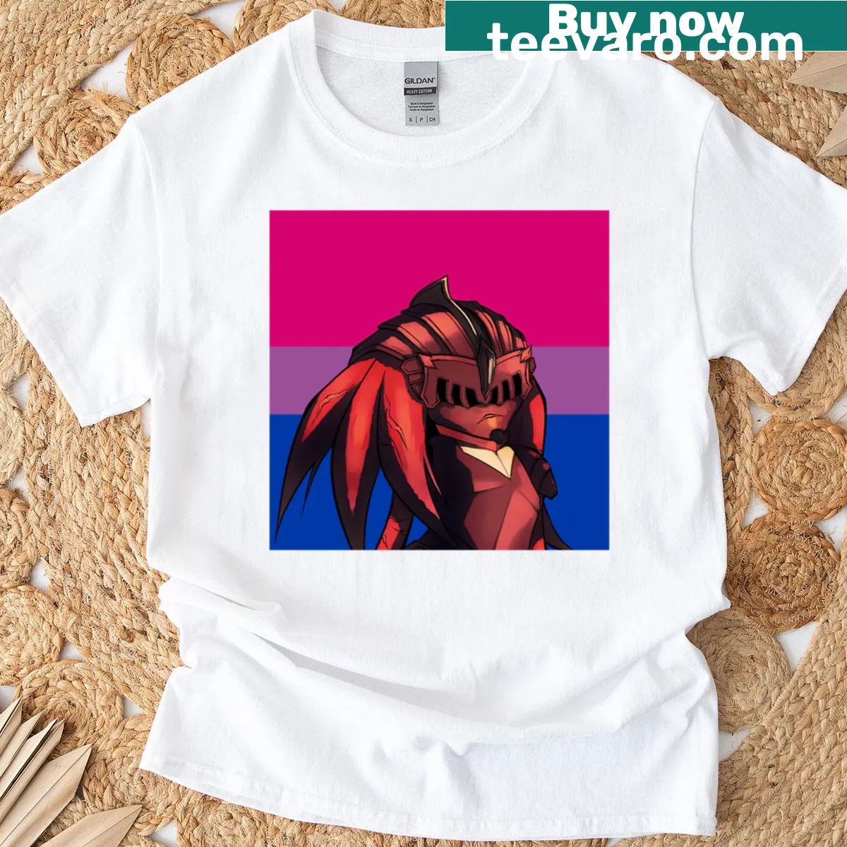 Illustrated Sir Gawain t-shirt celebrating bisexual pride — on a men's t-shirt