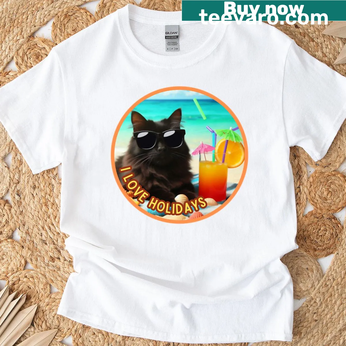 Fun summer holiday black cat t-shirt design — on a men's t-shirt