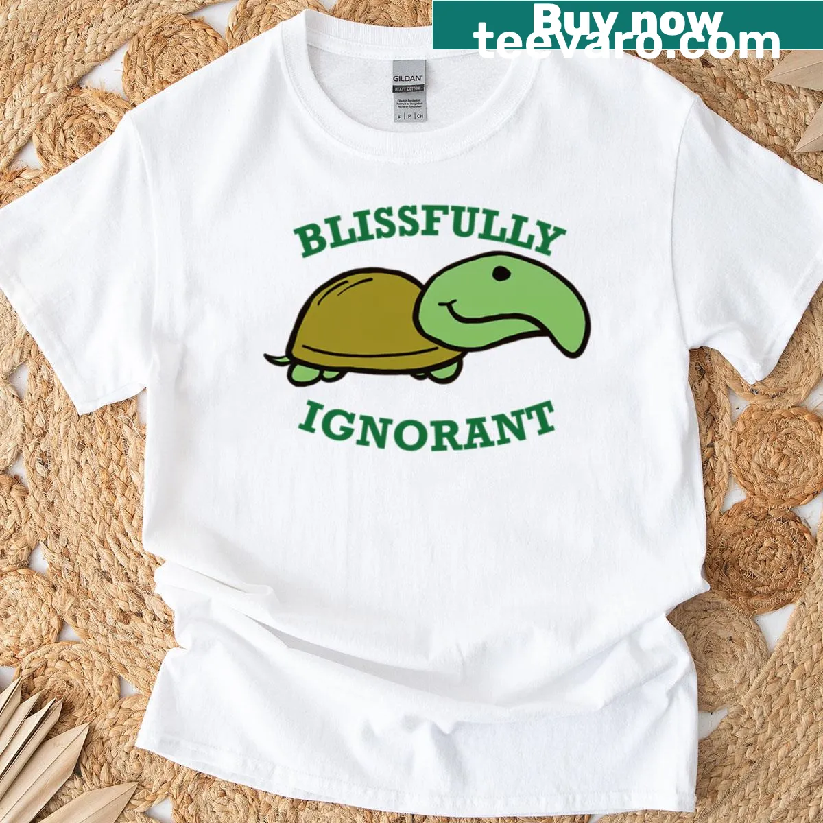 Cute turtle graphic t-shirt with the saying Blissfully Ignorant — on a men's t-shirt