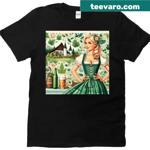 Illustration of a blonde girl in dirndl dress on T-shirt