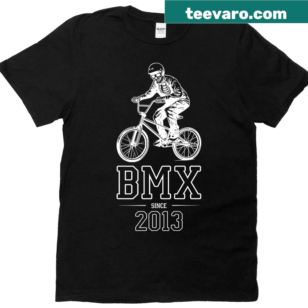 Edgy t-shirt with a skeleton riding a BMX bike graphic — on a men's t-shirt