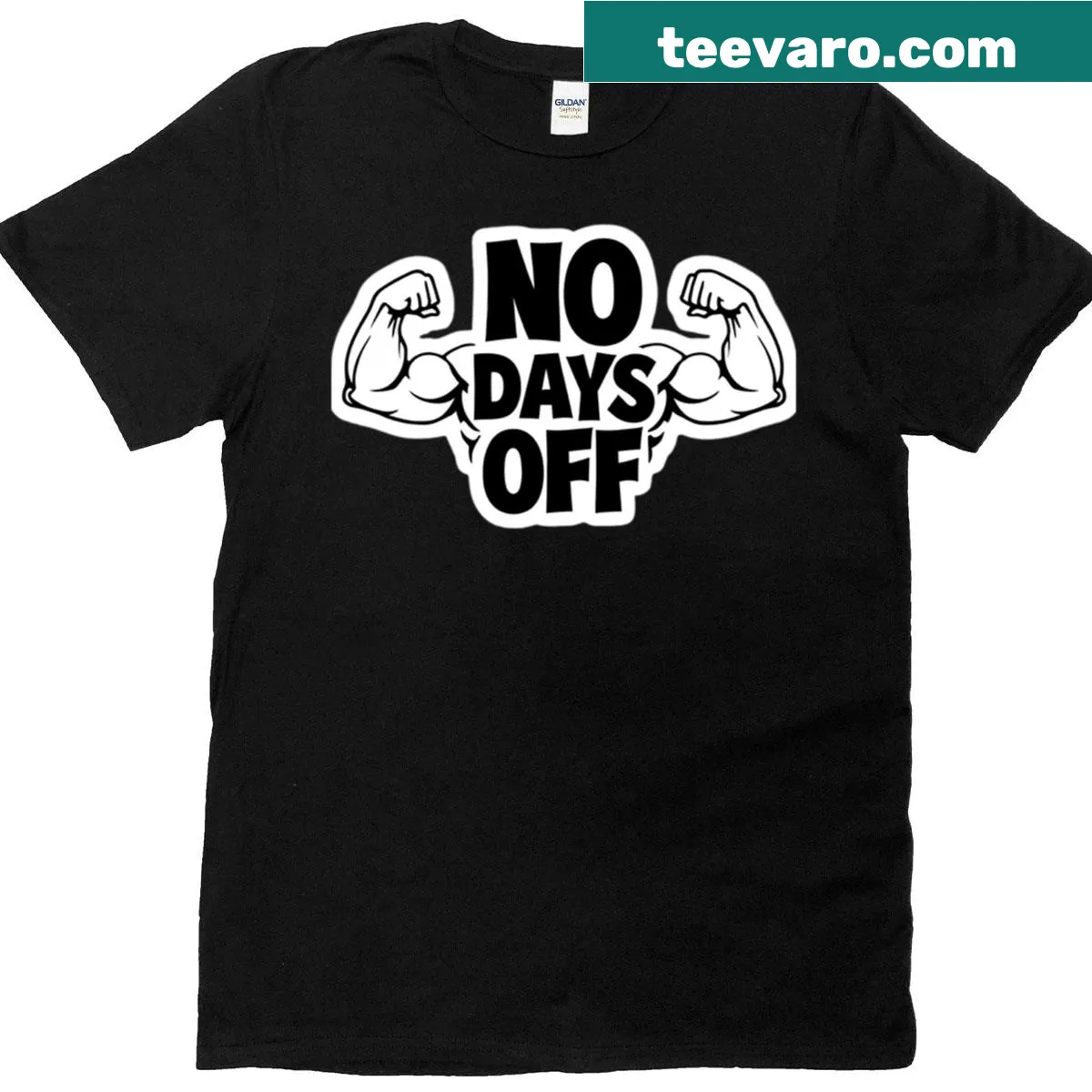 Motivational T-shirt with graphic of raised arms and bold text — on a men's t-shirt