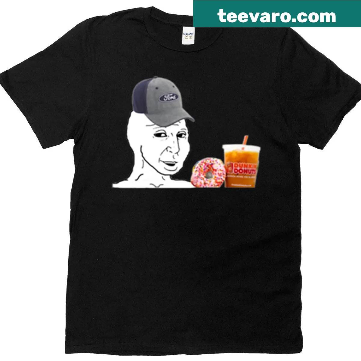 Vintage-style Wojak Bostonian t-shirt featuring Dunkin Donuts humor — on a men's t-shirt