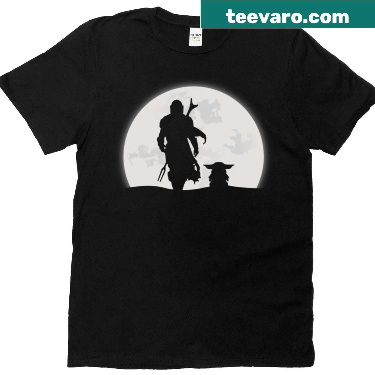 Imaginative t-shirt featuring a bounty hunter illustration on the moon — on a men's t-shirt