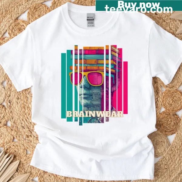 Illustrative T-shirt featuring a stack of books for students.