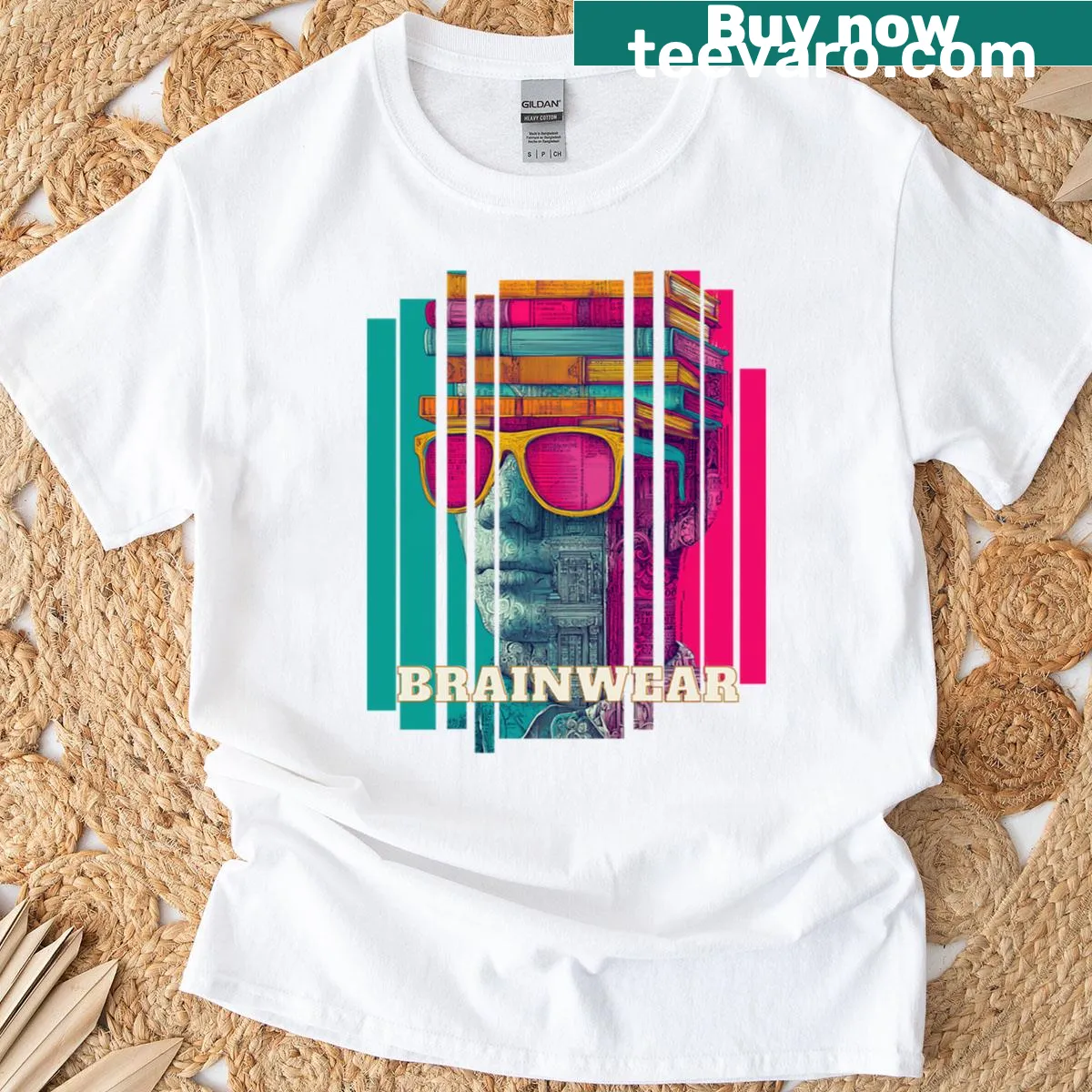 Illustrative T-shirt featuring a stack of books for students. — on a men's t-shirt