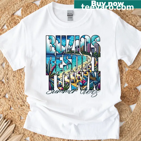Beach-themed graphic tee with coastal scene illustration