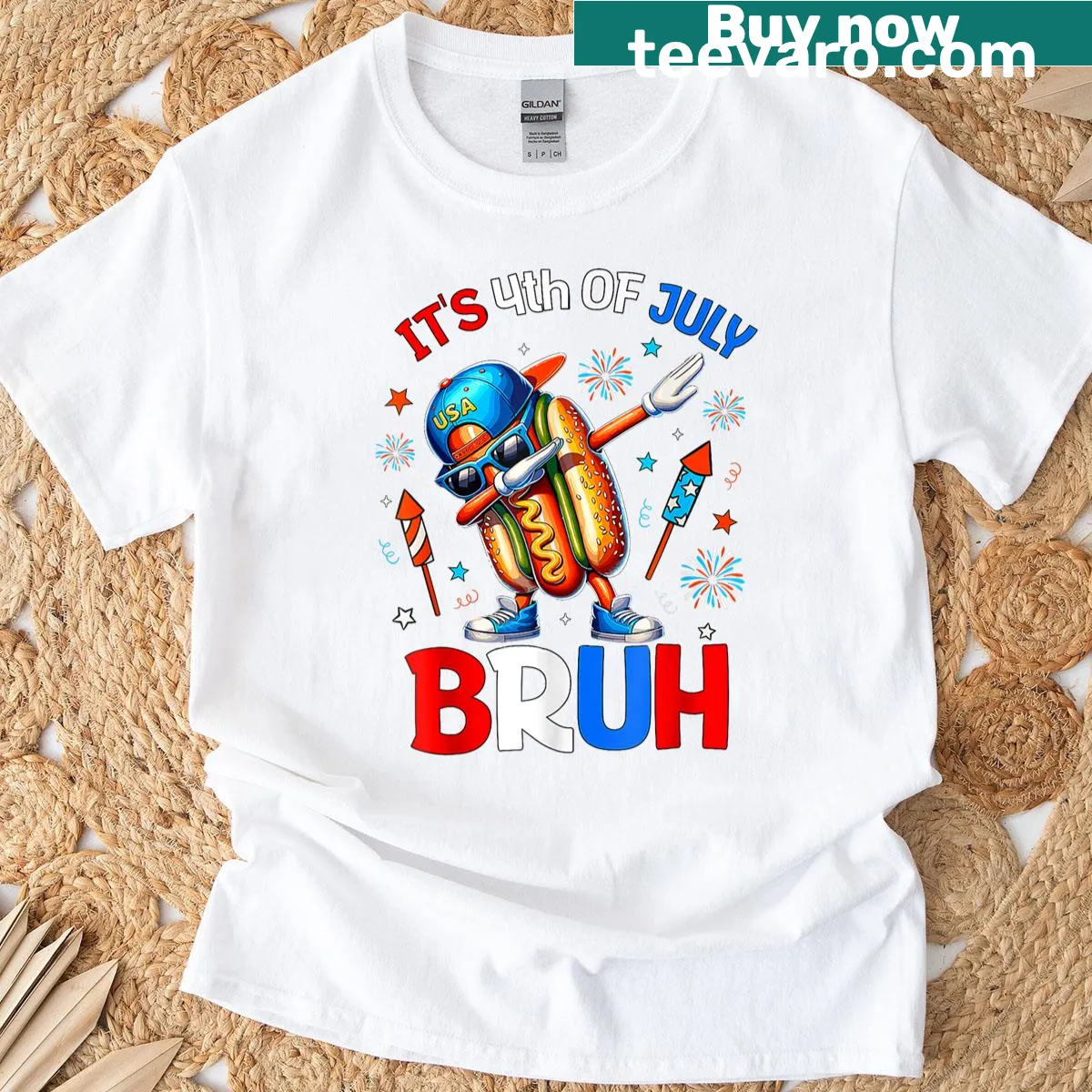 Funny T-shirt for kids with a hotdog graphic celebrating the Fourth of July — on a men's t-shirt