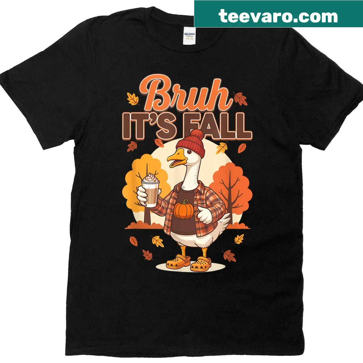 Retro funny Thanksgiving t-shirt featuring a goose and autumn leaves. — on a men's t-shirt