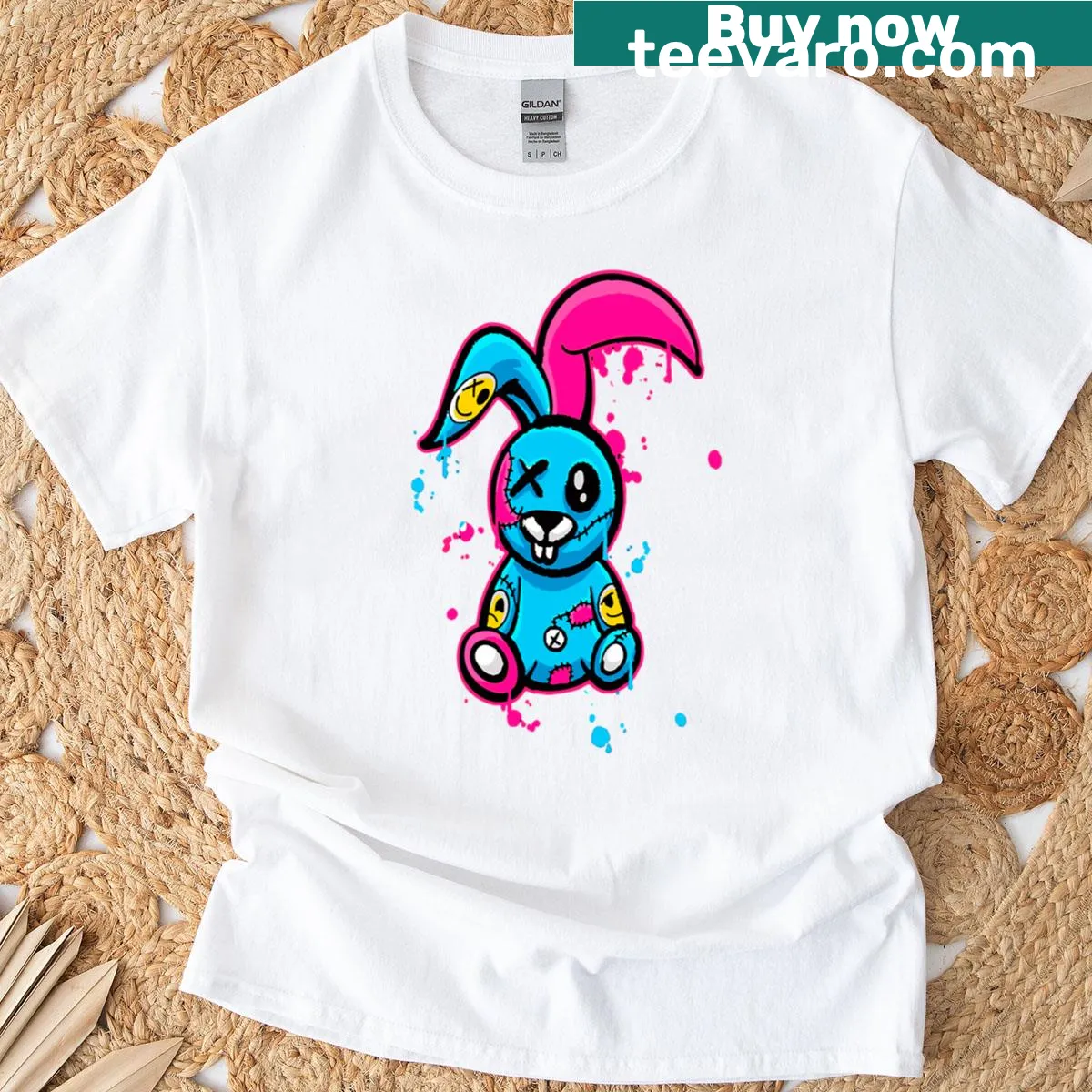 Streetwear T-shirt featuring a playful bunny graffiti design — on a men's t-shirt