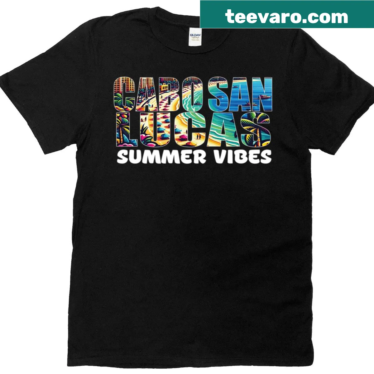 Graphic tee representing the summer vibes of Cabo San Lucas — on a men's t-shirt