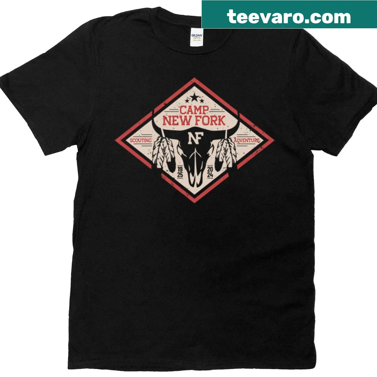 Edgy skull graphic tee celebrating Camp New Fork history. — on a men's t-shirt
