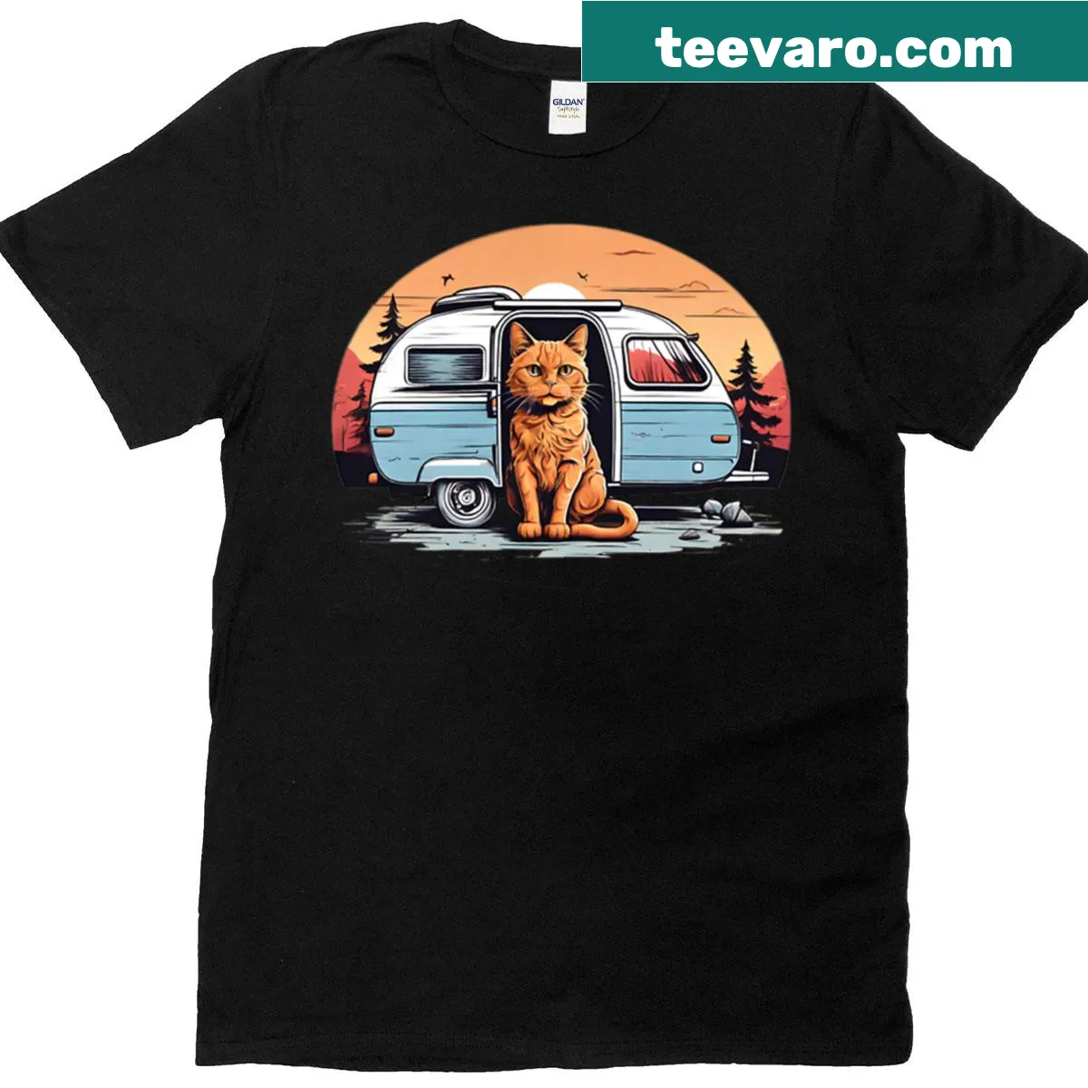 Illustration of a cat in front of a camper on a T-shirt — on a men's t-shirt