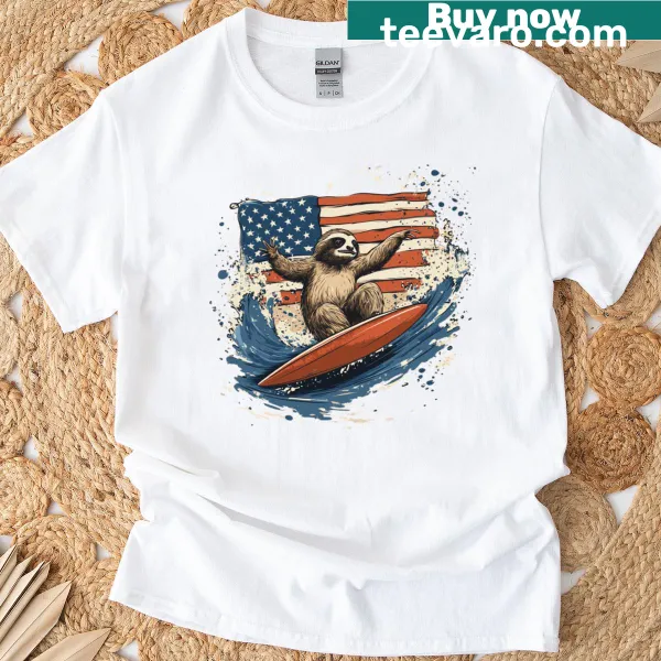 Cartoon sloth surfing with the USA flag for kids