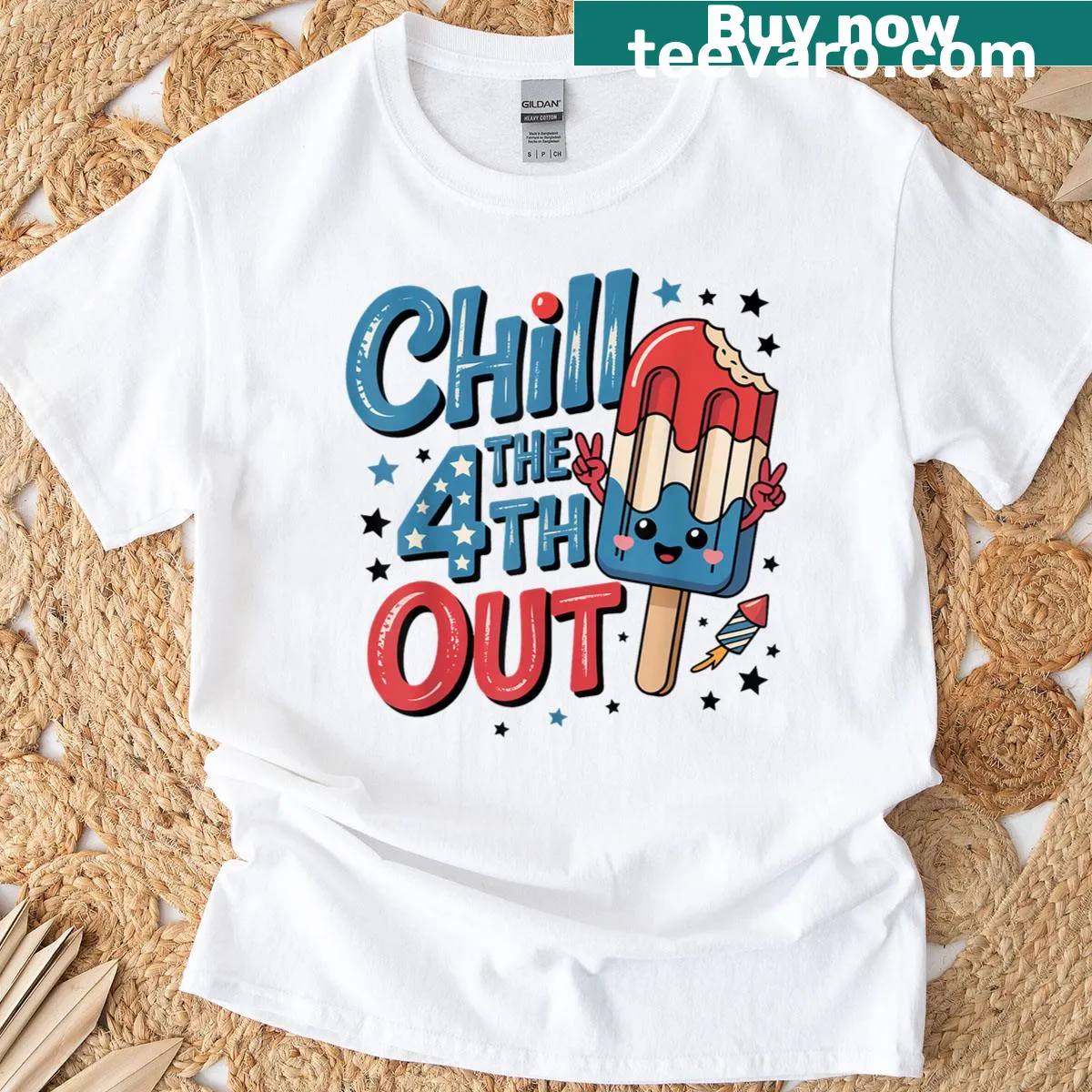 Cartoon popsicle graphic for Fourth of July T-shirt — on a men's t-shirt