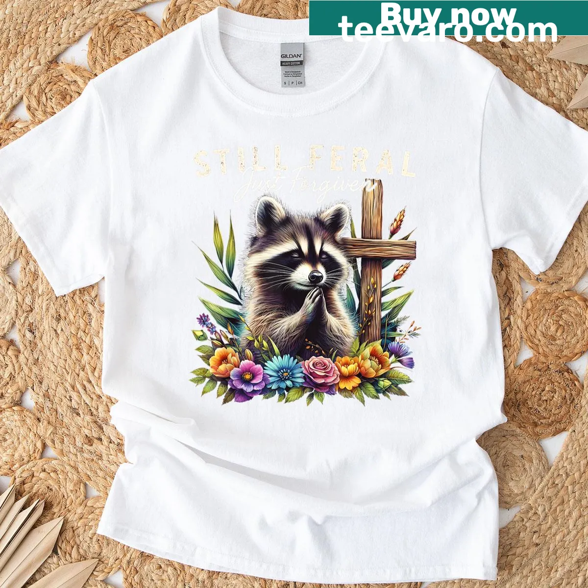 T-shirt with a humorous raccoon illustration conveying faith and forgiveness — on a men's t-shirt
