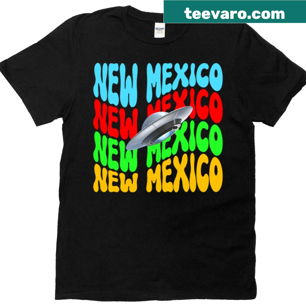 UFO-themed t-shirt with illustration inspired by New Mexico — on a men's t-shirt