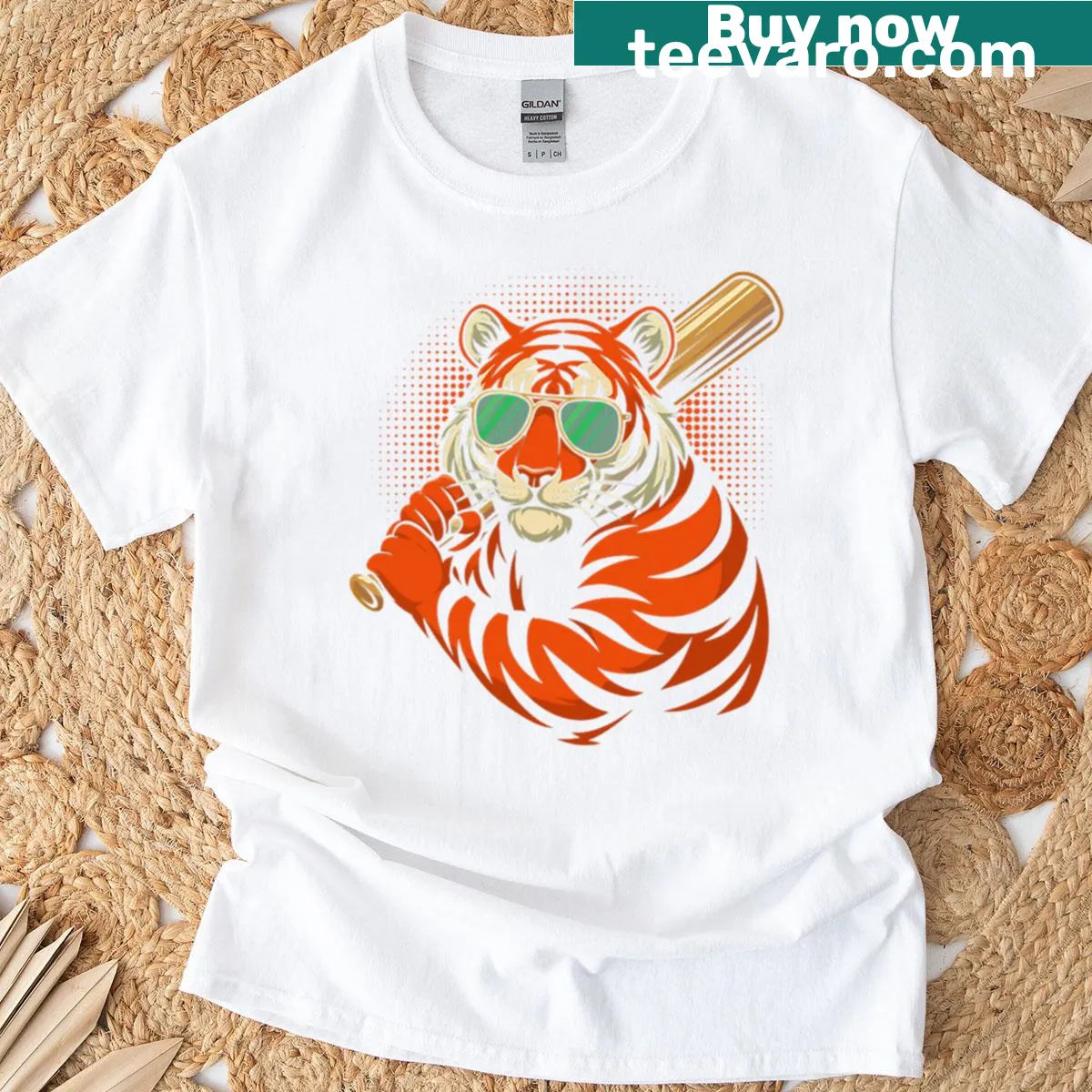 Funny cartoon tiger baseball graphic t-shirt — on a men's t-shirt