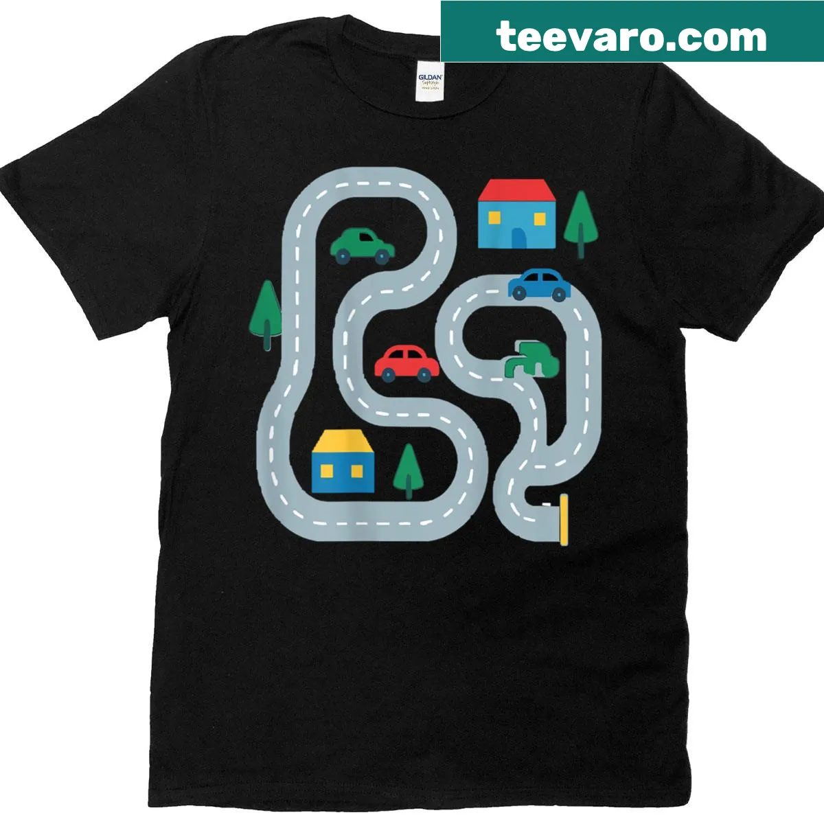 T-shirt with playful car race track design for dad and kid — on a men's t-shirt