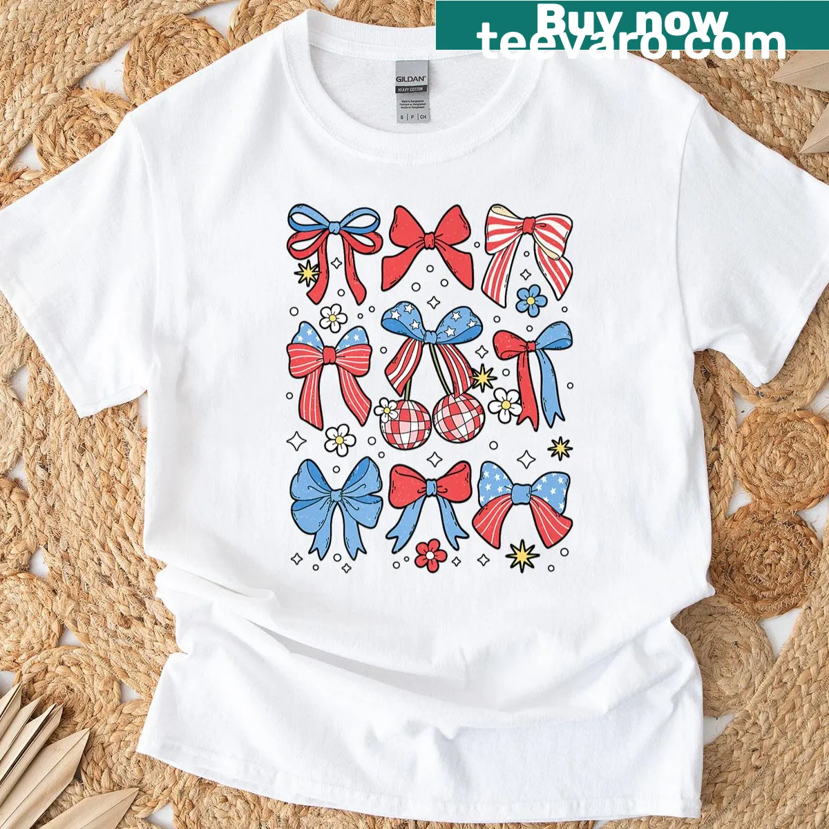 Girly T-shirt with American flag bow design for Fourth of July — on a men's t-shirt