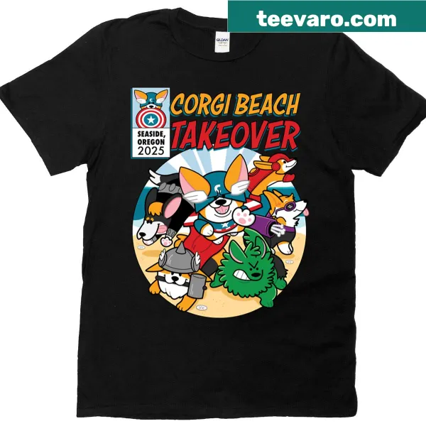 Cartoon Corgis dressed as superheroes on a T-shirt