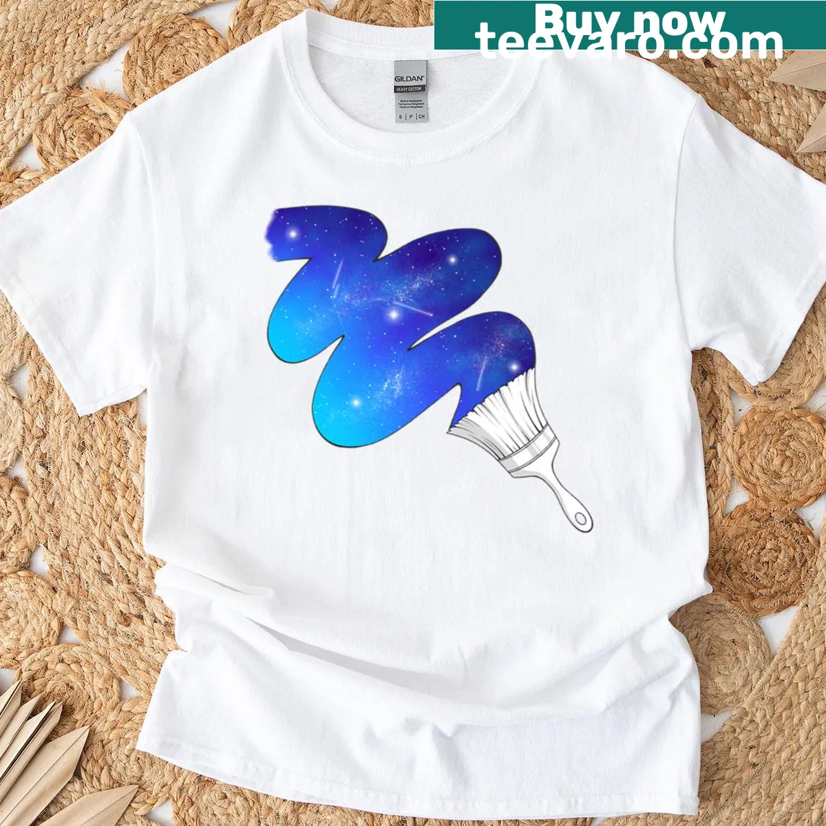 Abstract T-shirt with cosmic paint stroke design — on a men's t-shirt