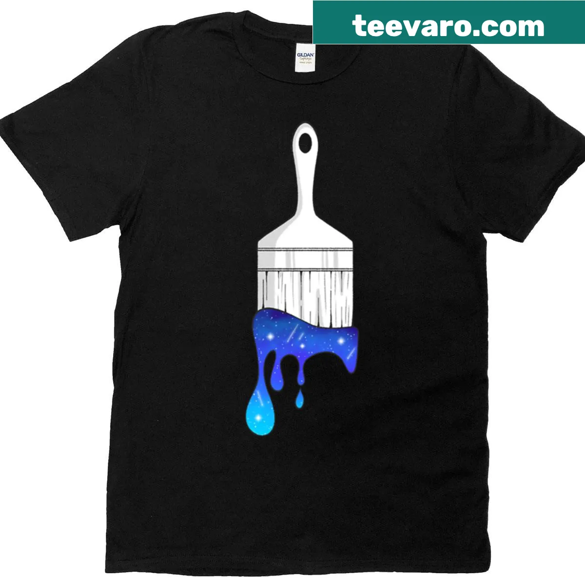 Illustrative T-shirt featuring a cosmic paintbrush design — on a men's t-shirt
