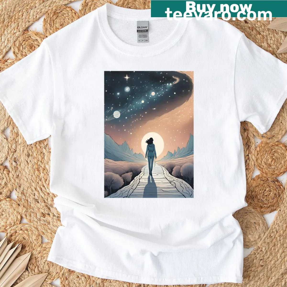 Whimsical T-shirt featuring intricate cosmic pathways design — on a men's t-shirt