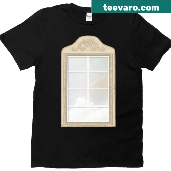 T-shirt with a serene cottage window and sky view graphic