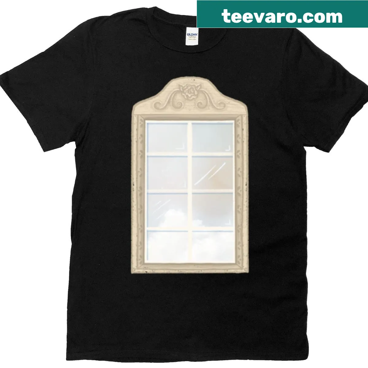 T-shirt with a serene cottage window and sky view graphic — on a men's t-shirt