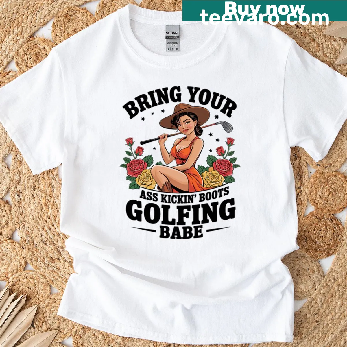 Funny Cowgirl Golfing Babe t-shirt with golf and cowgirl-themed graphics — on a men's t-shirt