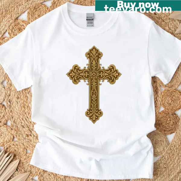 Cross graphic on a T-shirt, symbolizing faith.