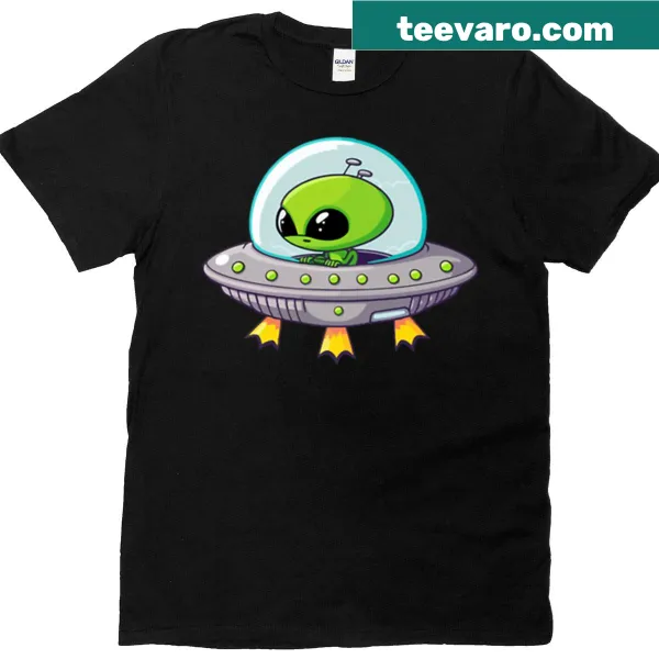 Cute alien cartoon in a flying saucer on a T-shirt