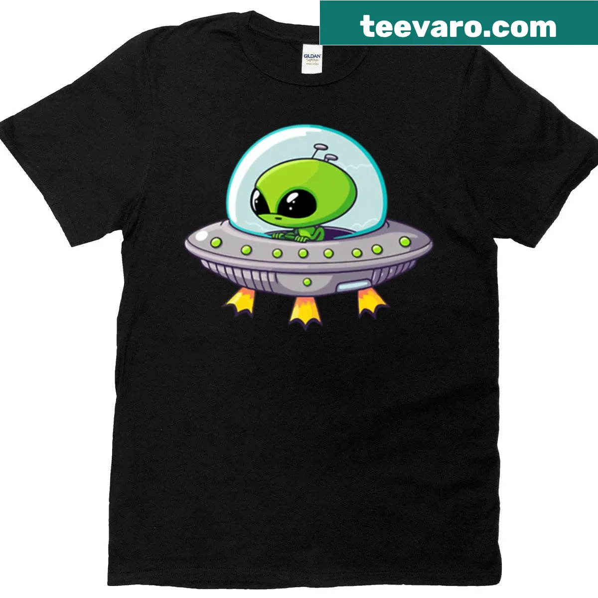 Cute alien cartoon in a flying saucer on a T-shirt — on a men's t-shirt