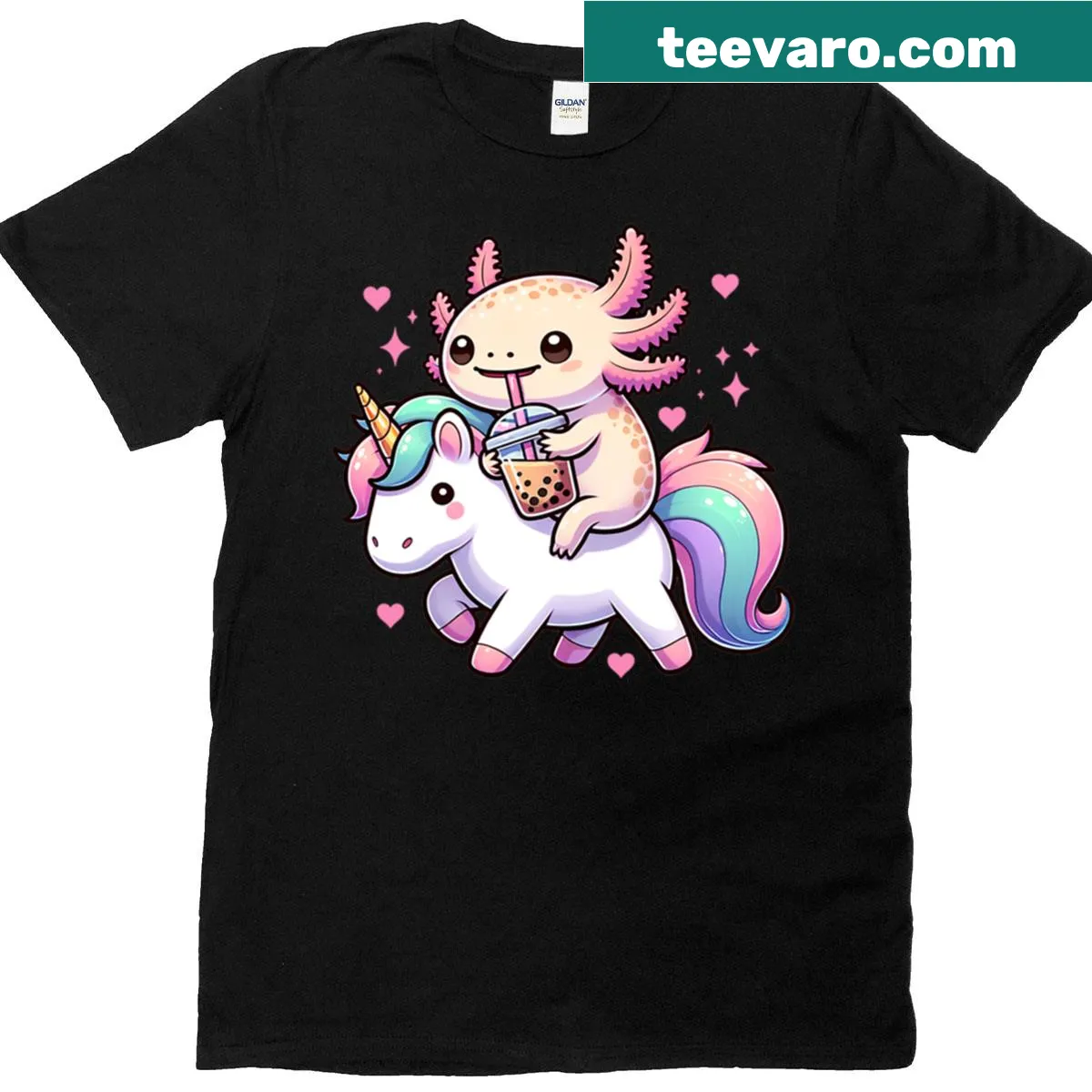 Kawaii axolotl riding a unicorn and drinking boba on a T-shirt — on a men's t-shirt