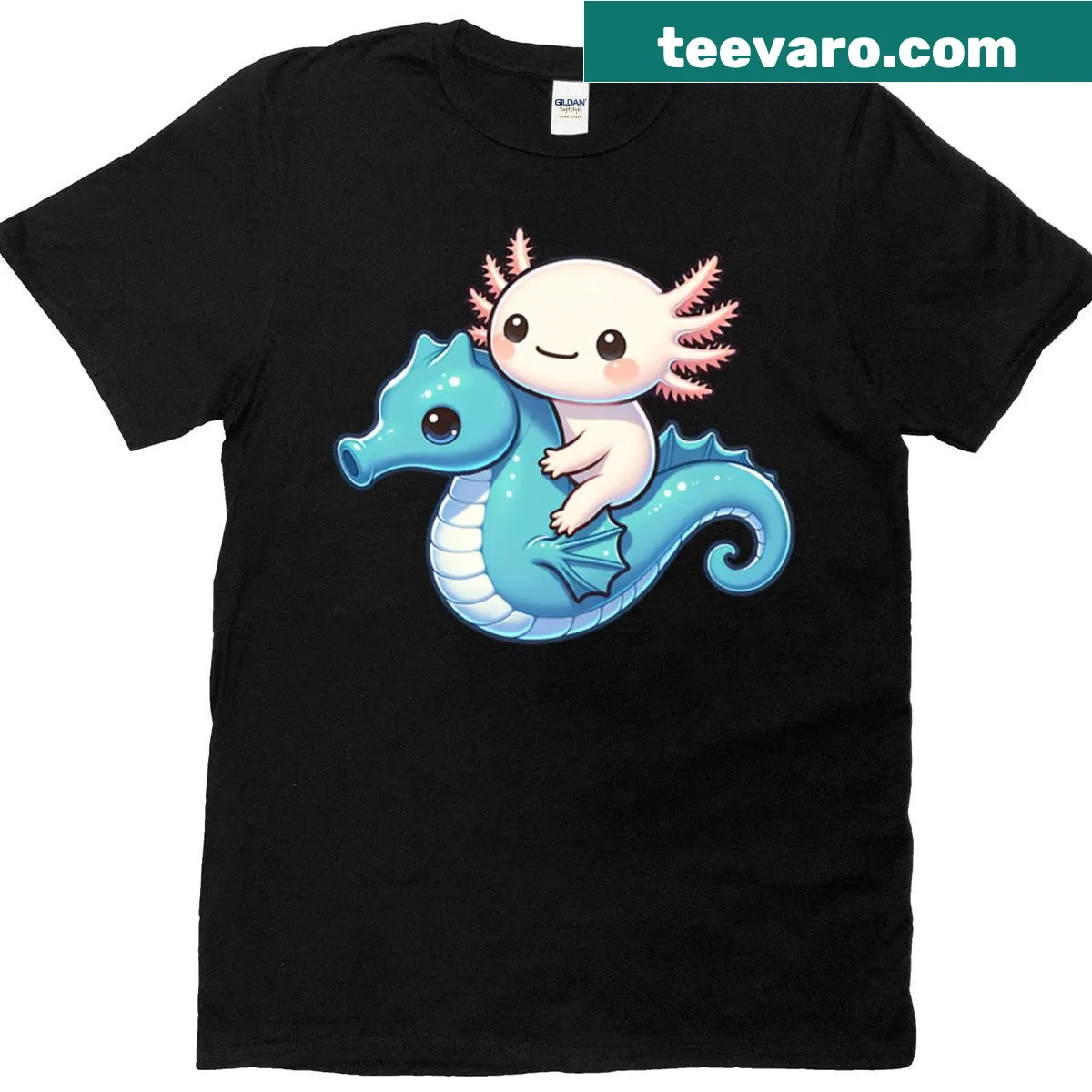 Cute axolotl riding a seahorse on a T-shirt — on a men's t-shirt