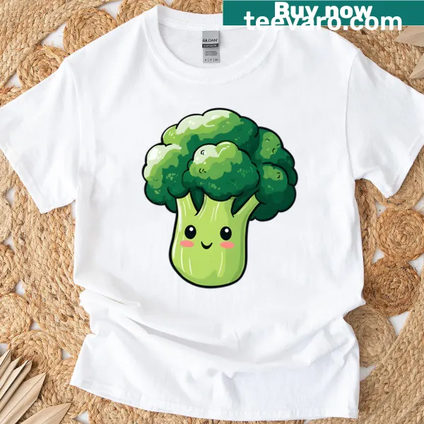 Adorable cartoon broccoli graphic on a T-shirt.