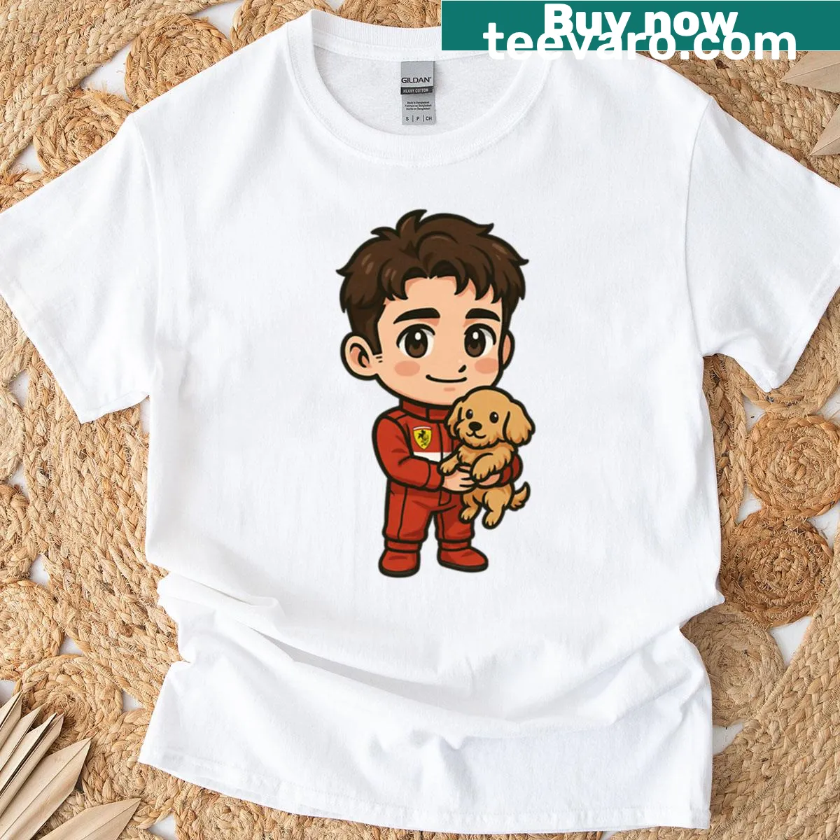 Chibi racer graphic T-shirt with a cute puppy — on a men's t-shirt