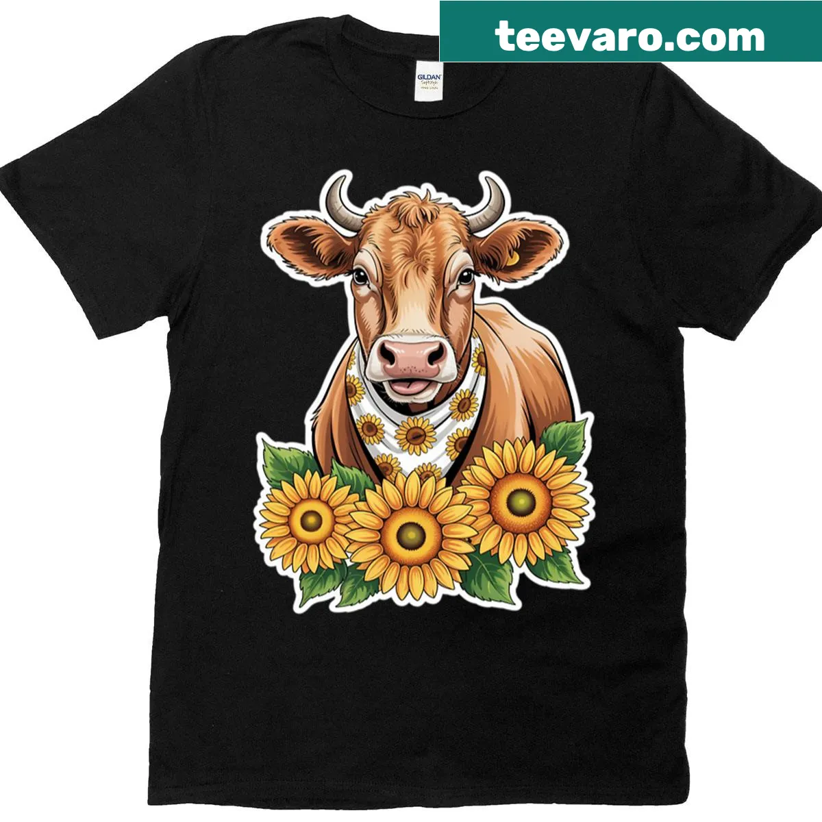Cute cow and sunflower illustration on a farmer's t-shirt — on a men's t-shirt